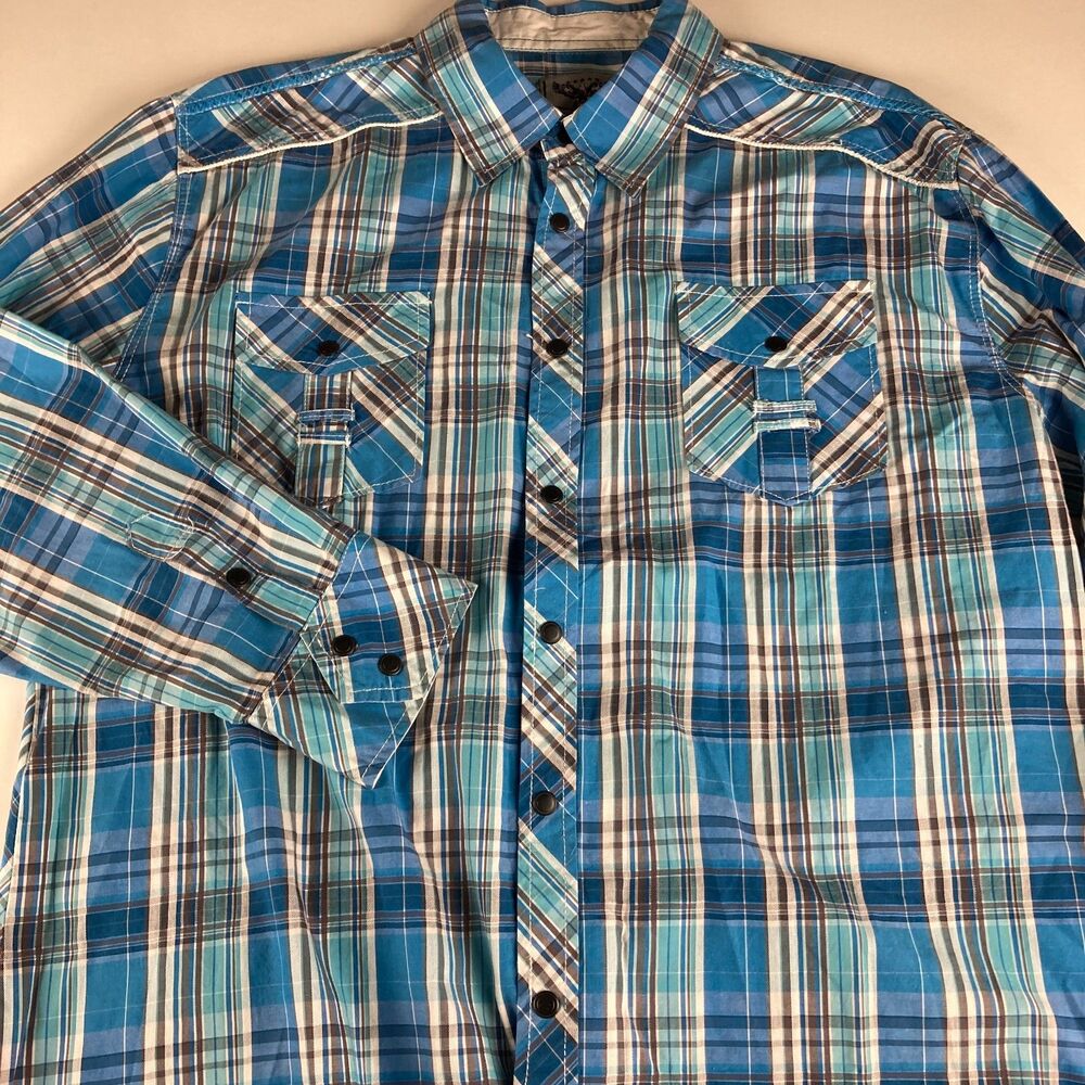 El General Western Shirt Mens 2XL Blue Plaid Pearl Snap Long Sleeve Cowboy Ranch